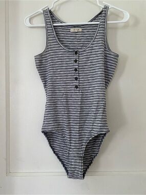 Striped Ribbed Tank Bodysuit - Blue & White